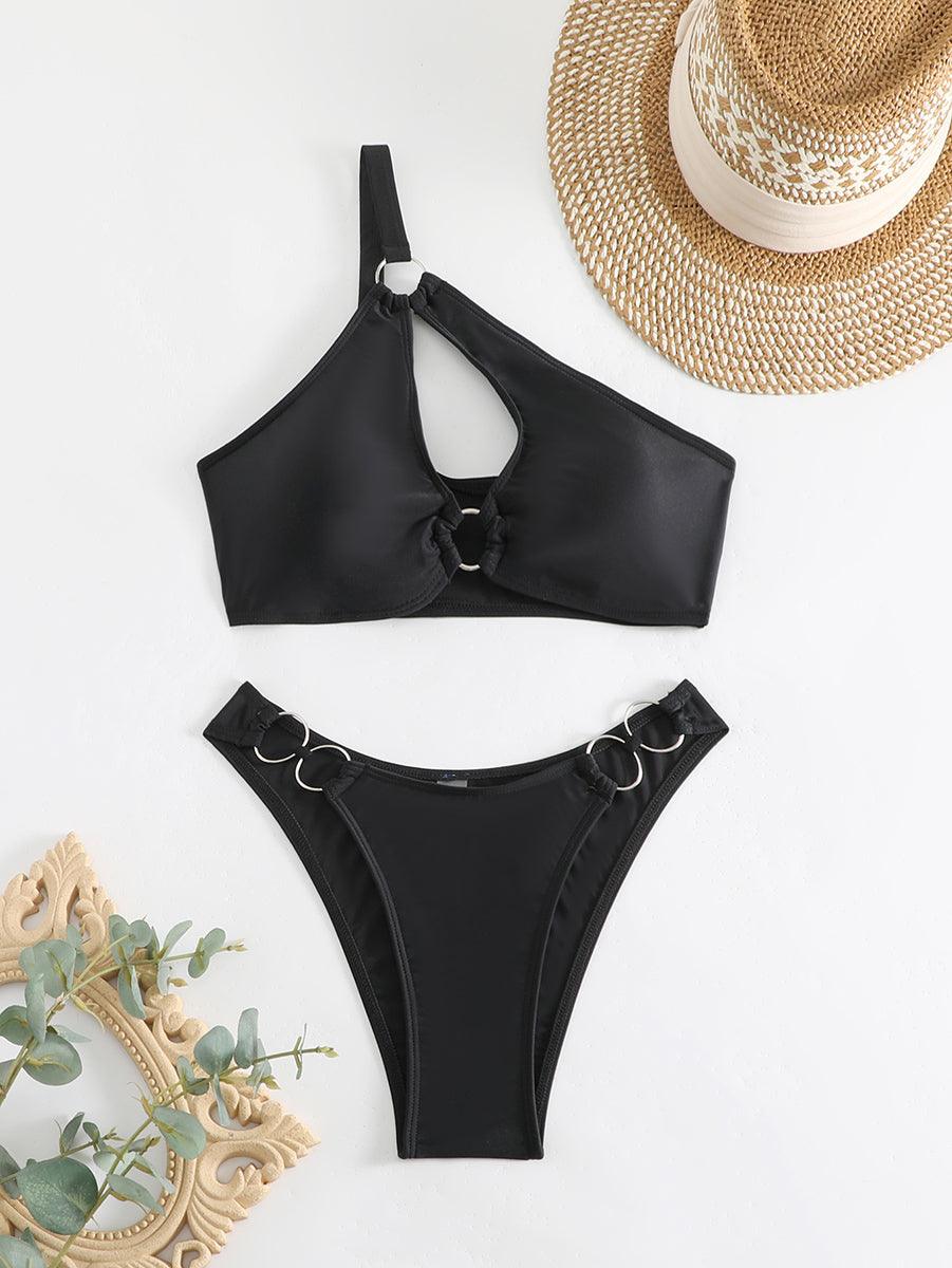 Women's Black Bikini Set - Angled Neckline Two-Piece Swimwear - GFIT SPORTS