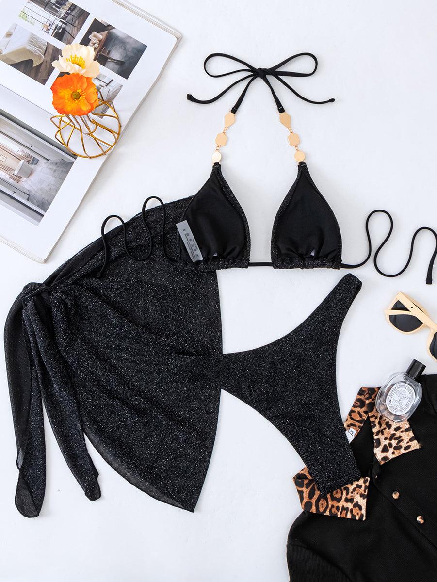 Women's Black Bikini Set with Cover-Up | Designer Swimwear | Sexy Beachwear - GFIT SPORTS
