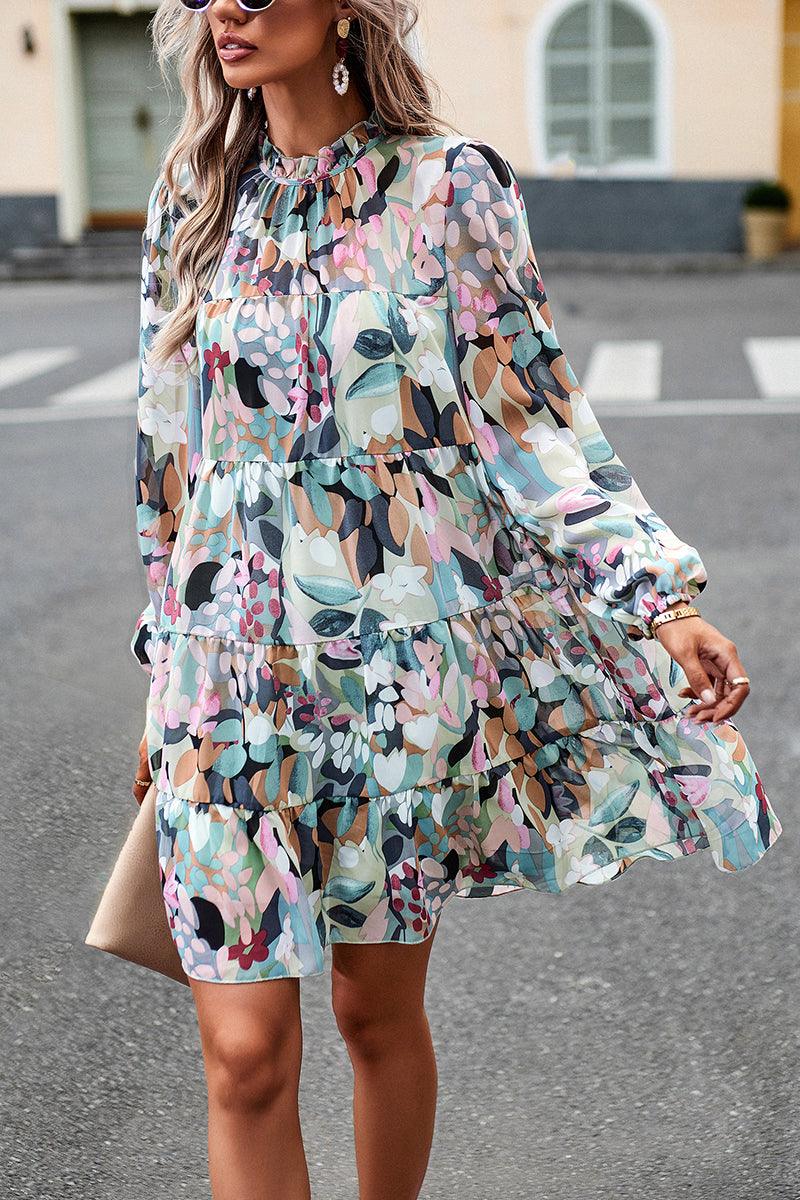 Women's Floral Midi Dress Crew Neck Long Sleeve for Prom - GFIT SPORTS