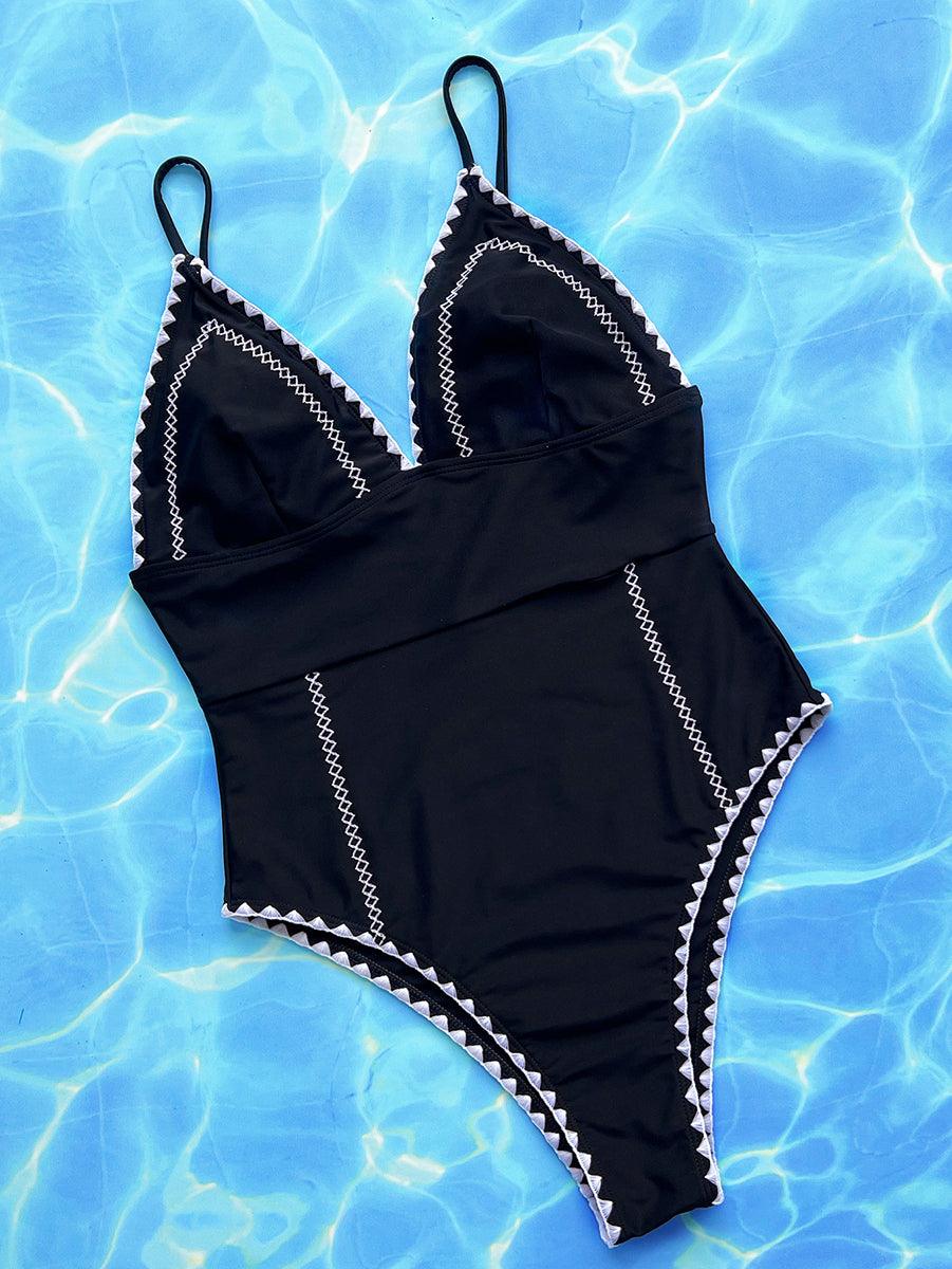 Women's High Cut Black One Piece Swimsuit | Sexy V-Neck Swimwear - GFIT SPORTS