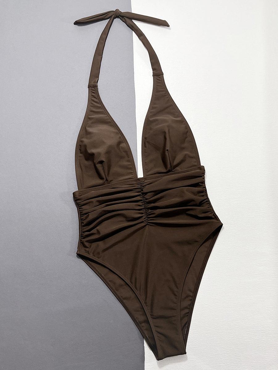 Women's Plunge Halter Beachwear - Dark Brown One-Piece Swimsuit - GFIT SPORTS