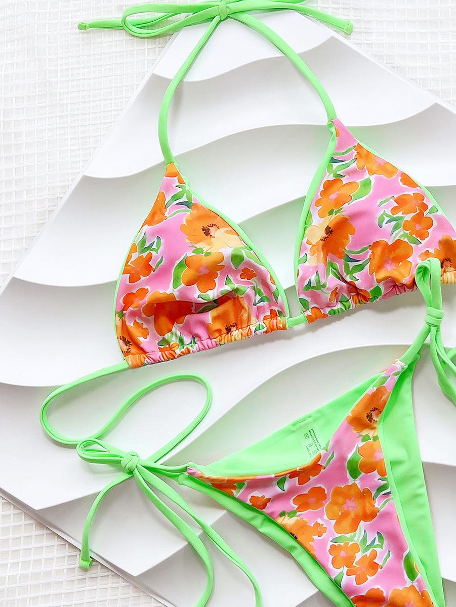 Women's Sexy String Bikini Set - Orange Flowers Beachwear - GFIT SPORTS