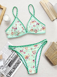 Women's Sexy Triangle Shell Shape Bikini Set - Green Flowers Beachwear - GFIT SPORTS