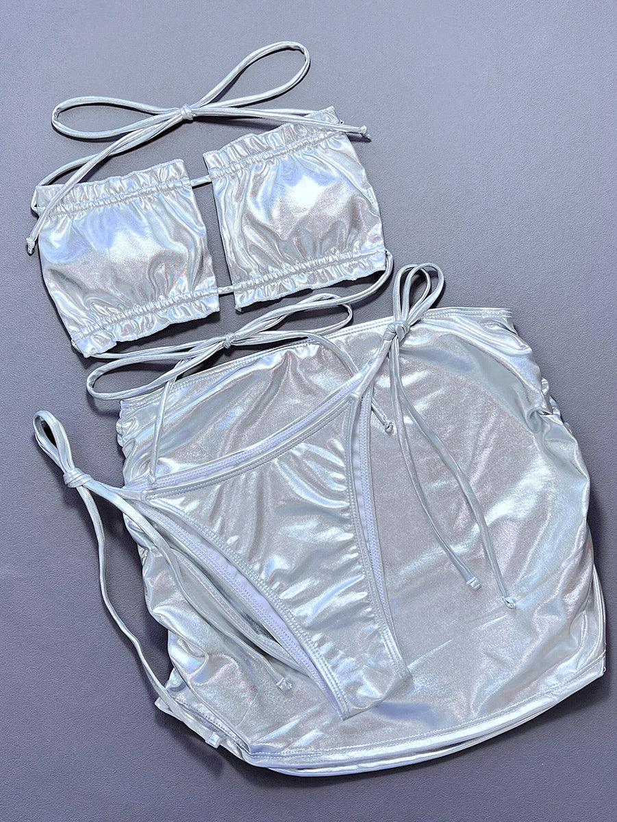Women's String Bikini Set With Cover-Up | Sexy Silver Beachwear - GFIT SPORTS