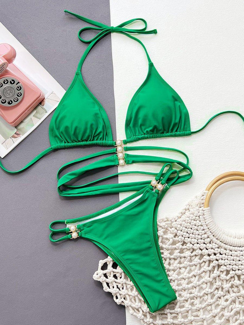 GFIT® Green Hollow Triangle Halter Pearl Buckle Bikinis Set - GFIT SPORTS