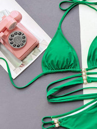 GFIT® Green Hollow Triangle Halter Pearl Buckle Bikinis Set - GFIT SPORTS