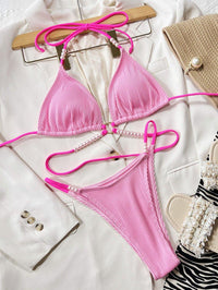 GFIT® Pearl Pink Pleated Triangle Halter Bikini Sets - GFIT SPORTS