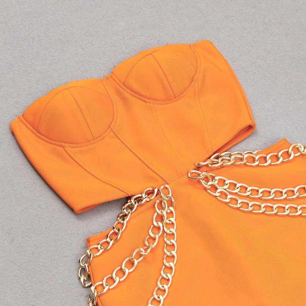 Strapless Sleeveless Orange Chain Midi Bandage Dress - GFIT SPORTS - GFIT SPORTS