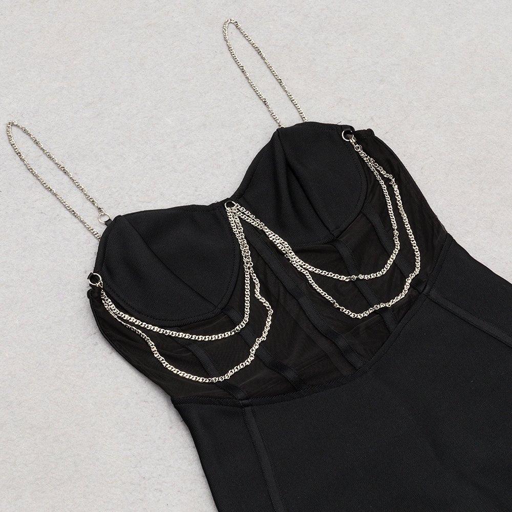 Women's Black Over Knee Bandage Dress - Strappy Sleeveless Chain Detail, Summer Sundress - GFIT SPORTS