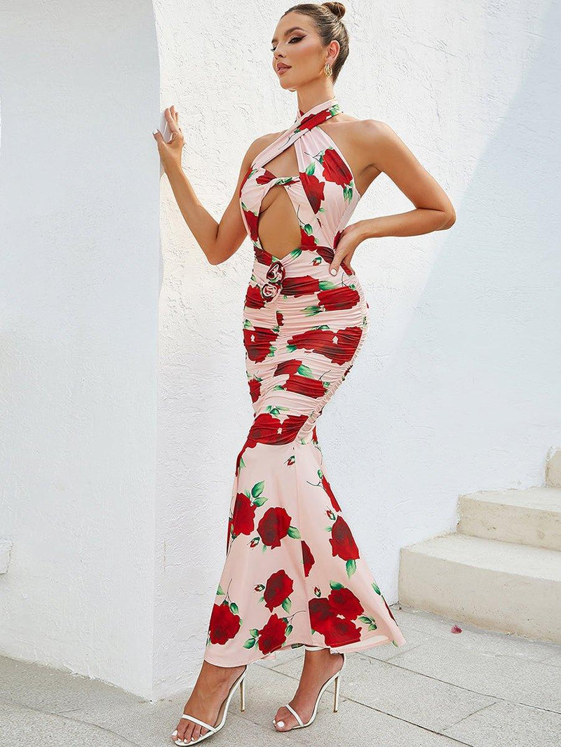 Women's Floral Halter Maxi Bodycon Dress - GFIT Sleeveless Summer Wear - GFIT SPORTS