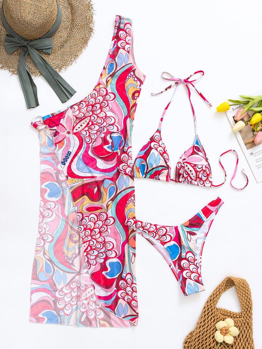 Women's Floral String Bikini Set with Cover Up - Sexy Beach Swimwear Ensemble - GFIT SPORTS
