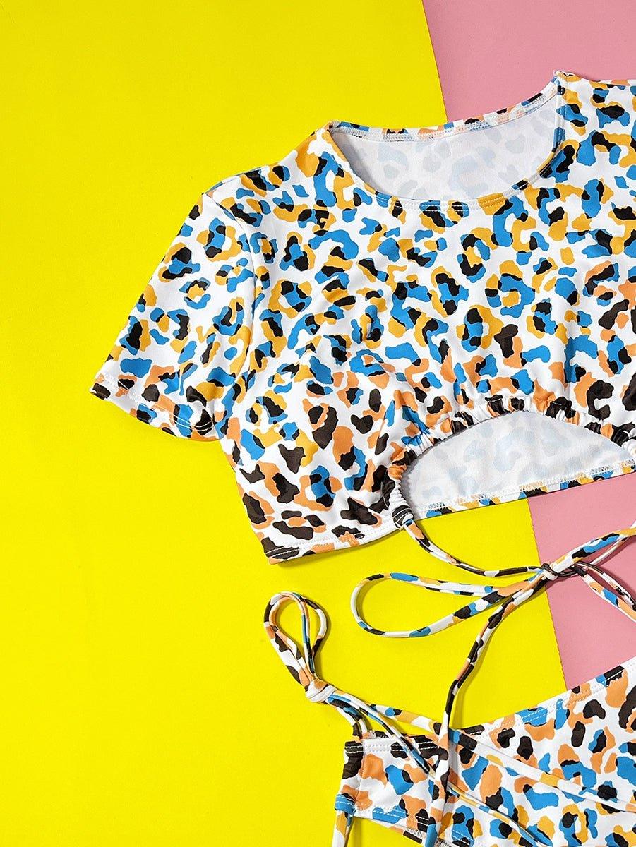 Women's Leopard Print Short-Sleeve Bikini Set - Sexy Swimwear For Beach & Pool - GFIT SPORTS