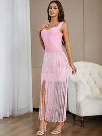Women's Pink Maxi Sundress - Sleeveless Tassel Bandage Dress for Summer - GFIT SPORTS