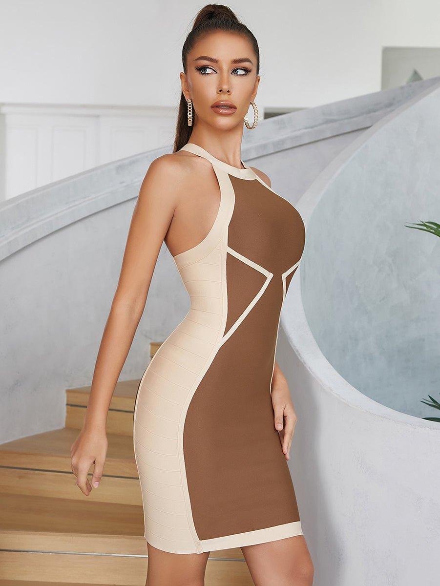 Women's Sleeveless Brown Bandage Mini Dress - Summer & Formal Floral GFIT - GFIT SPORTS